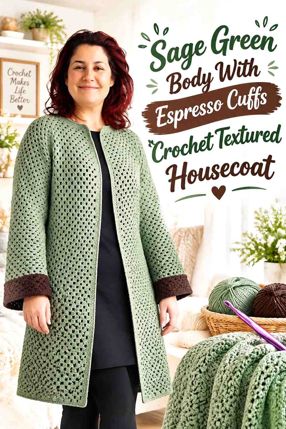 Sage Green Body With Espresso Cuffs Crochet Textured Housecoat