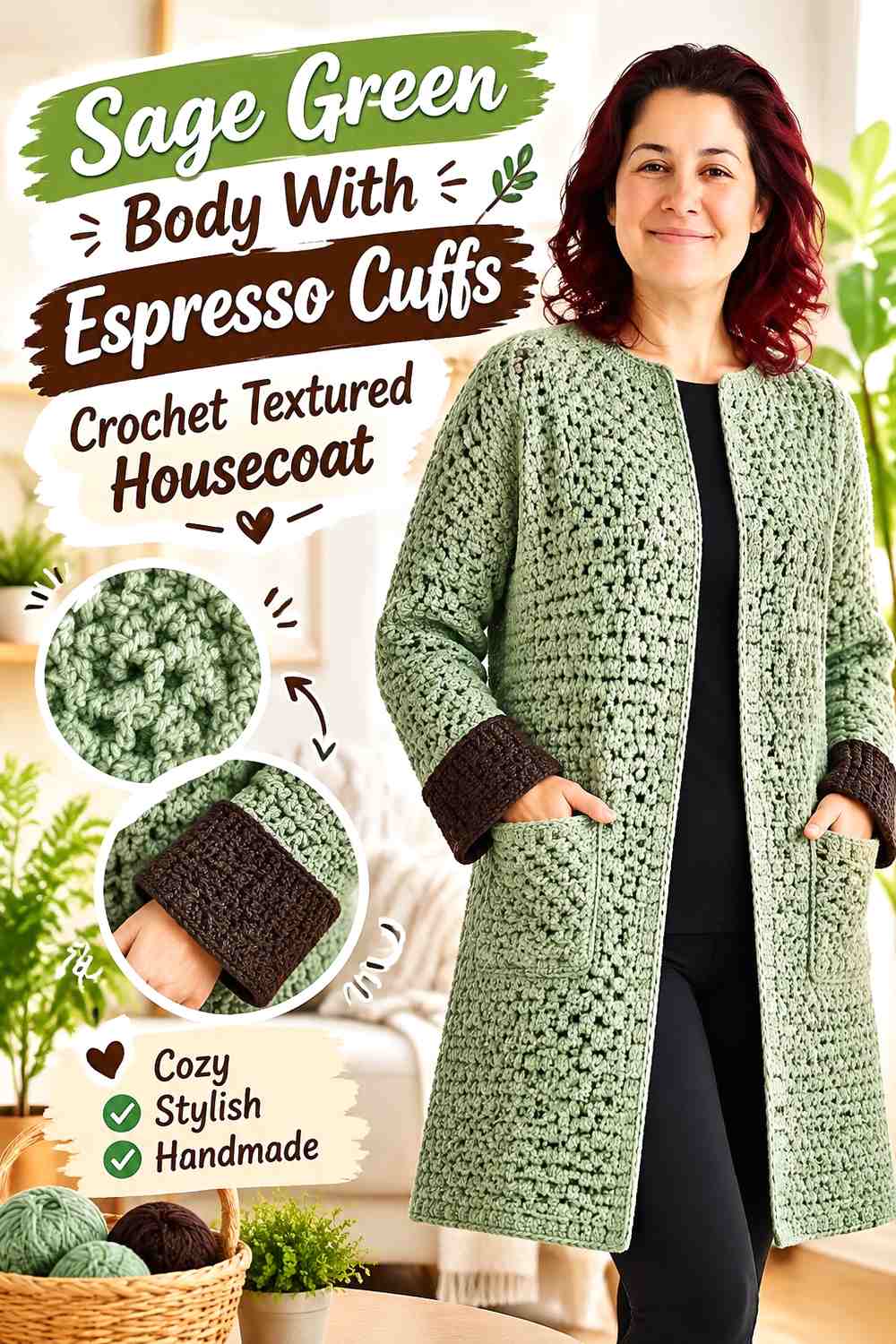 Sage Green Body With Espresso Cuffs Crochet Textured Housecoat