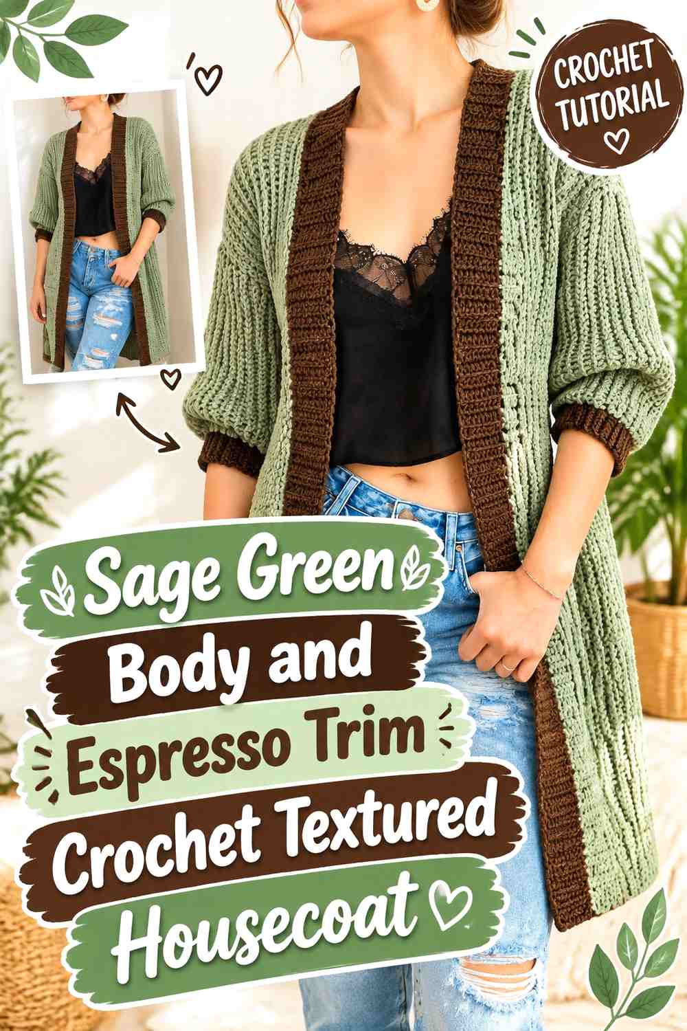Sage Green Body and Espresso Trim Crochet Textured Housecoat
