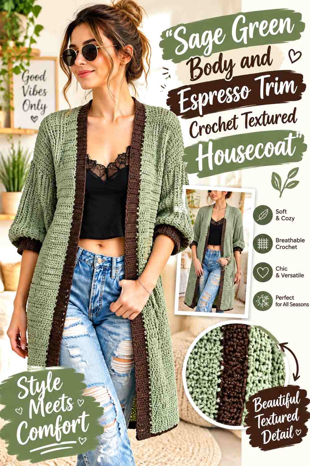 Sage Green Body and Espresso Trim Crochet Textured Housecoat