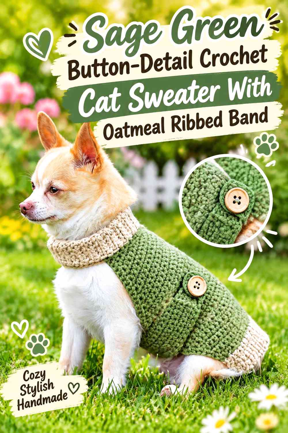 Sage Green Button-Detail Crochet Cat Sweater With Oatmeal Ribbed Band