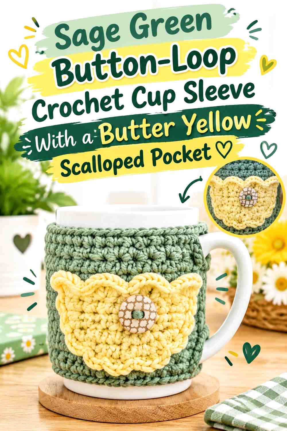 Sage Green Button-Loop Crochet Cup Sleeve With a Butter Yellow Scalloped Pocket