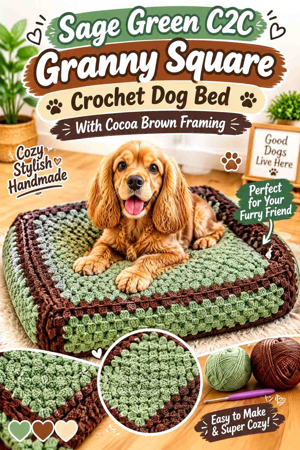 Sage Green C2C Granny Square Crochet Dog Bed With Cocoa Brown Framing