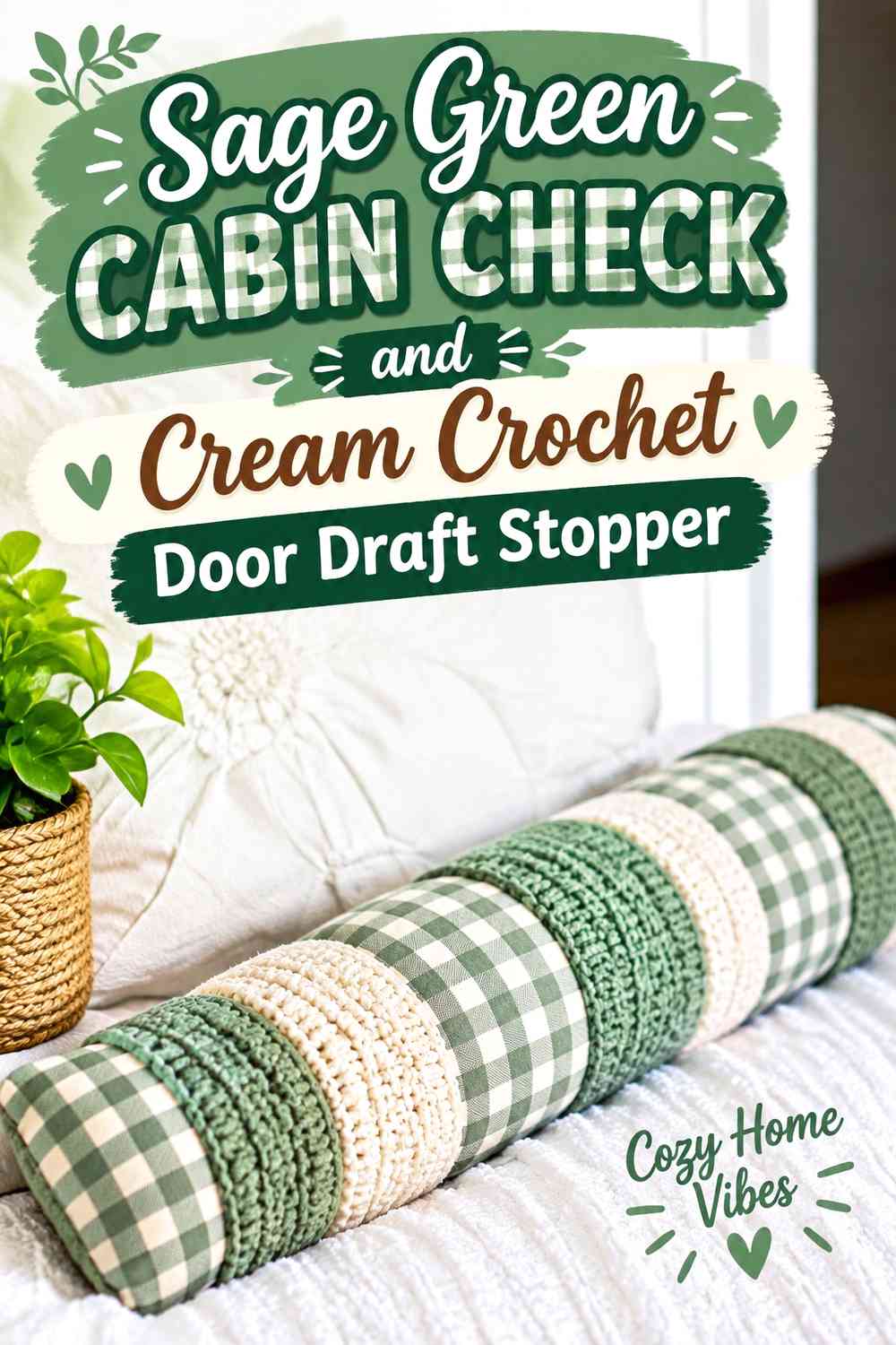Sage Green Cabin Check and Cream Crochet Door Draft Stopper