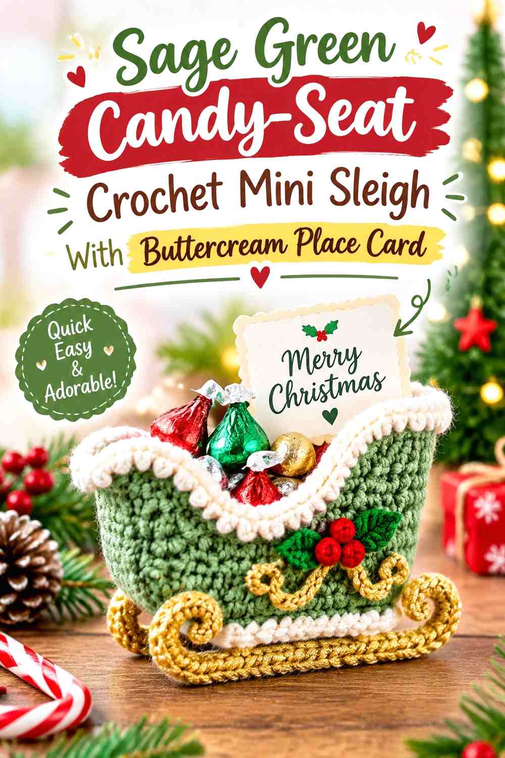 Sage Green Candy-Seat Crochet Mini Sleigh With Buttercream Place Card