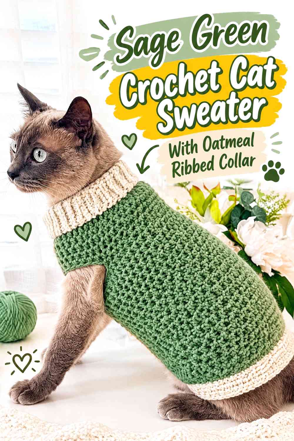 Sage Green Crochet Cat Sweater With Oatmeal Ribbed Collar