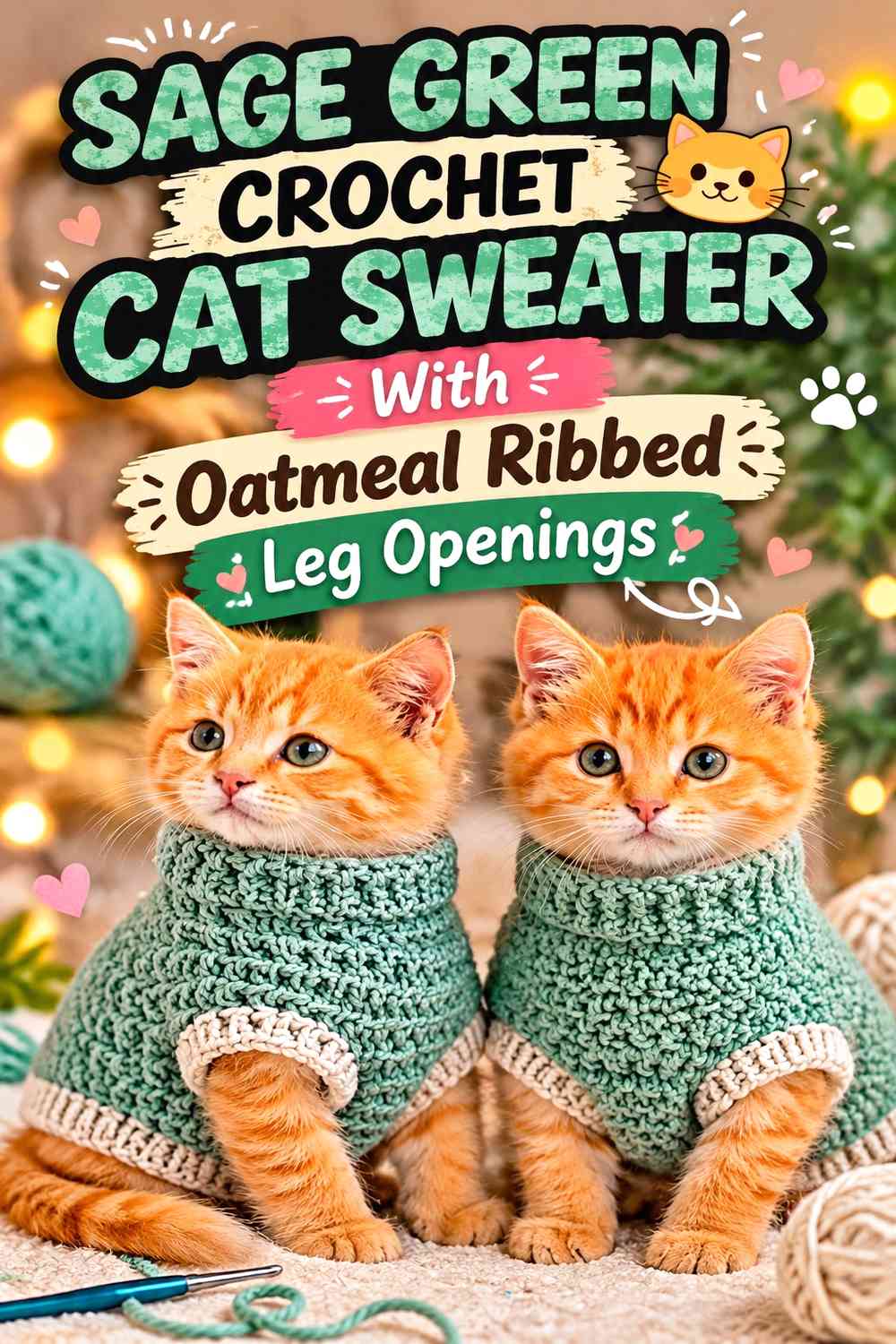 Sage Green Crochet Cat Sweater With Oatmeal Ribbed Leg Openings