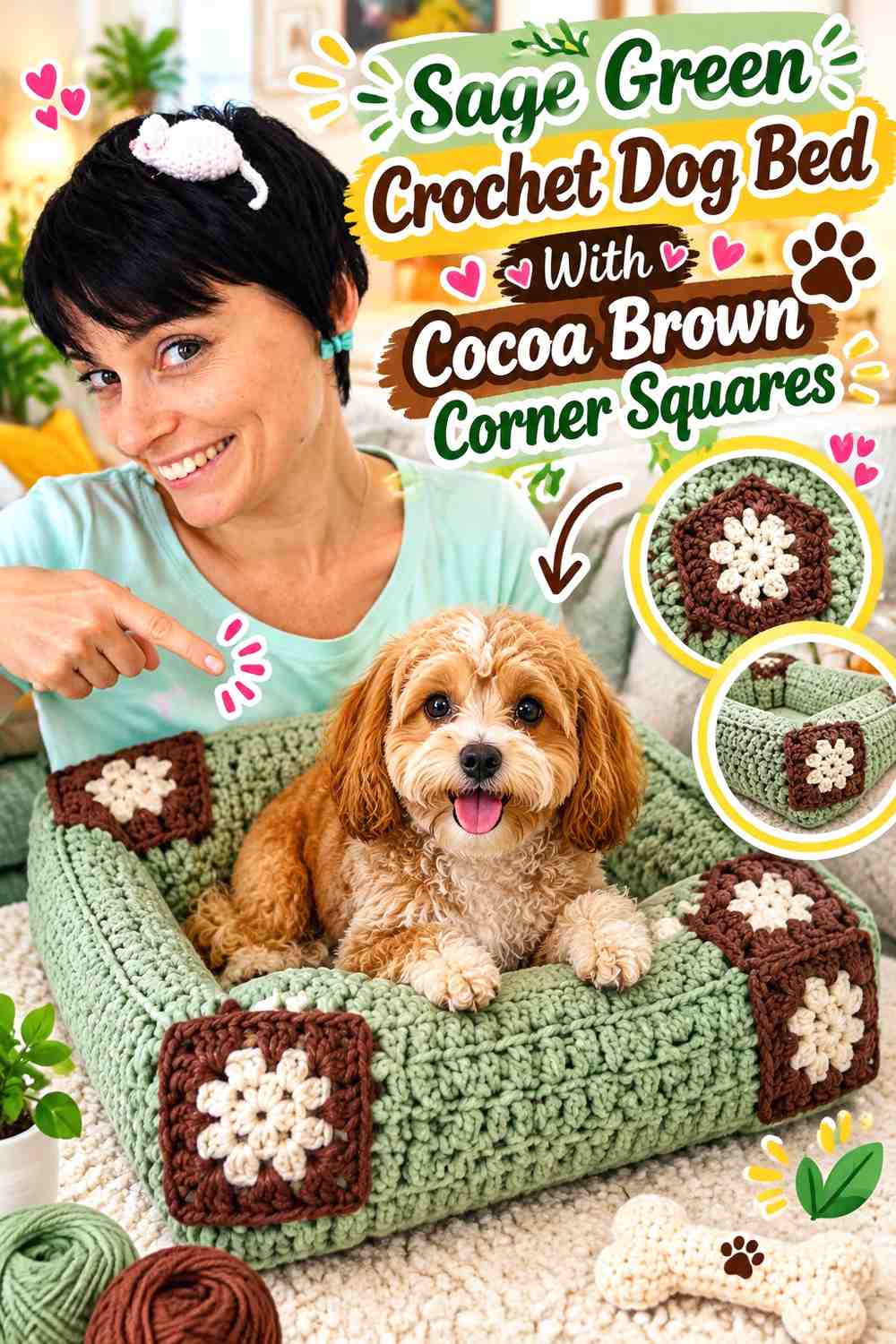 Sage Green Crochet Dog Bed With Cocoa Brown Corner Squares