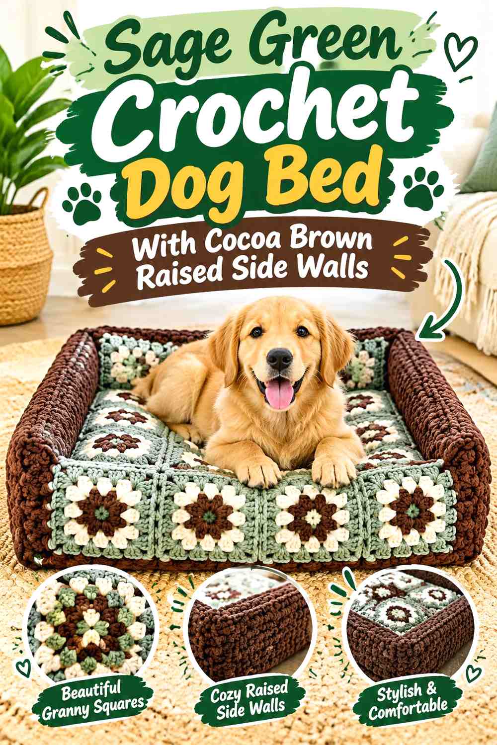Sage Green Crochet Dog Bed With Cocoa Brown Raised Side Walls