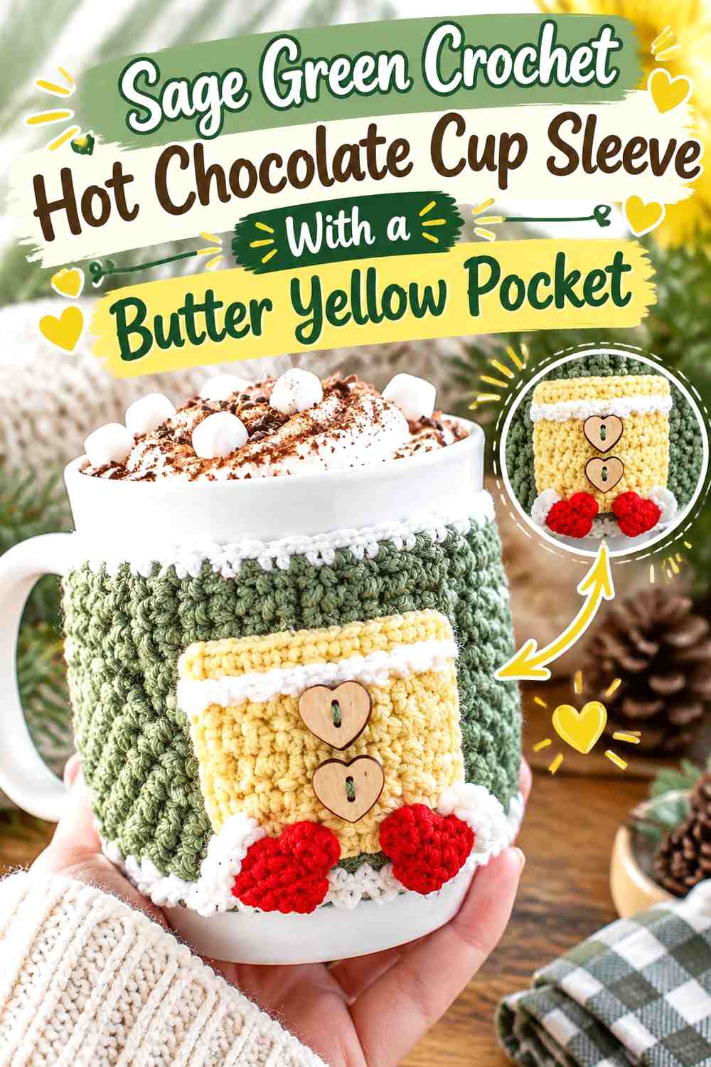 Sage Green Crochet Hot Chocolate Cup Sleeve With a Butter Yellow Pocket