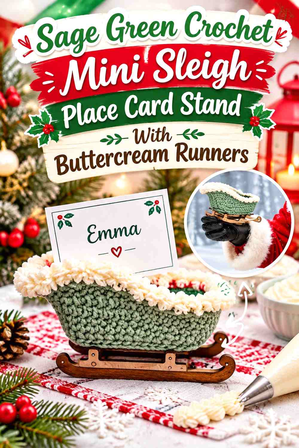 Sage Green Crochet Mini Sleigh Place Card Stand With Buttercream Runners