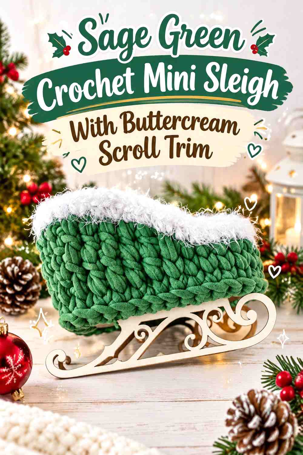 Sage Green Crochet Mini Sleigh With Buttercream Scroll Trim