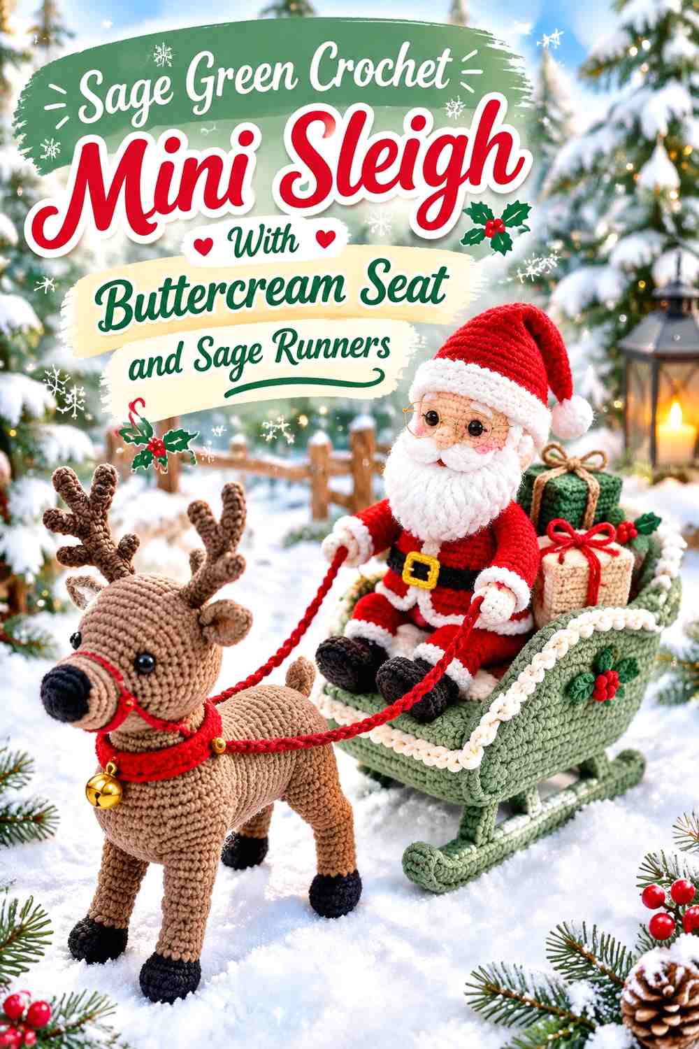 Sage Green Crochet Mini Sleigh With Buttercream Seat and Sage Runners