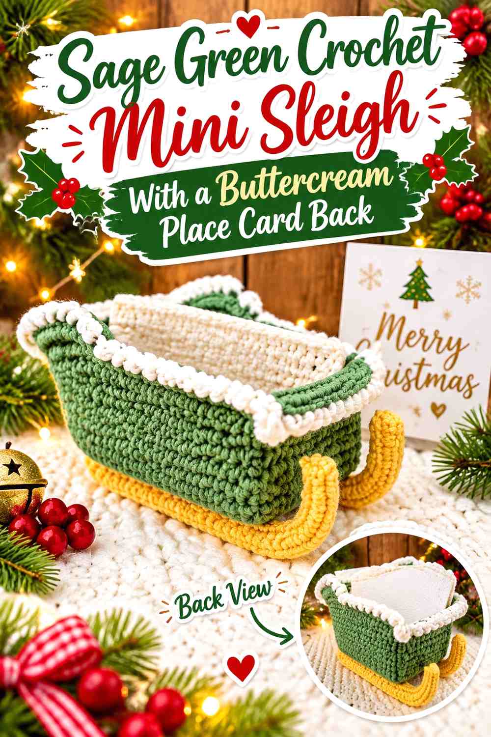 Sage Green Crochet Mini Sleigh With a Buttercream Place Card Back