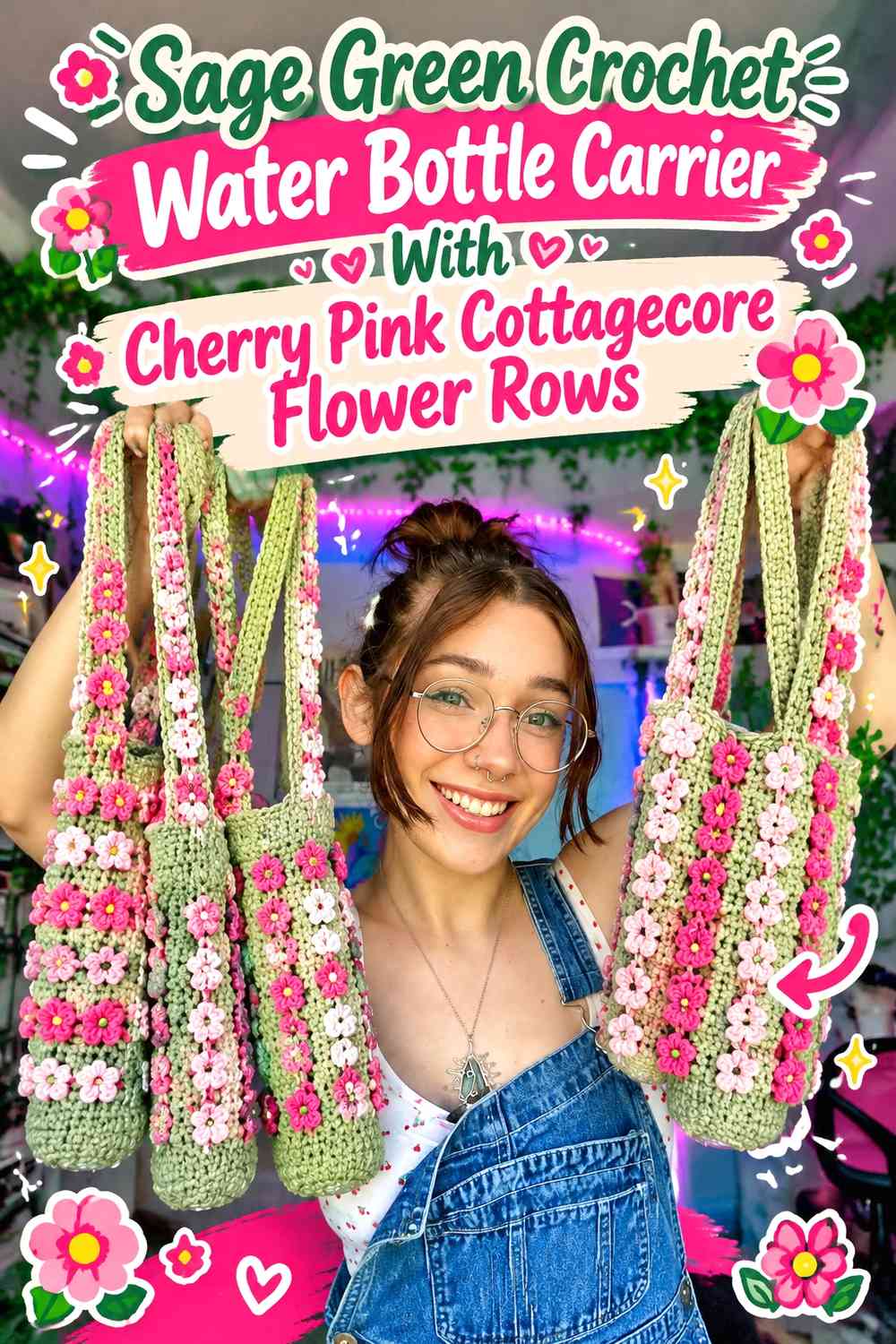Sage Green Crochet Water Bottle Carrier With Cherry Pink Cottagecore Flower Rows