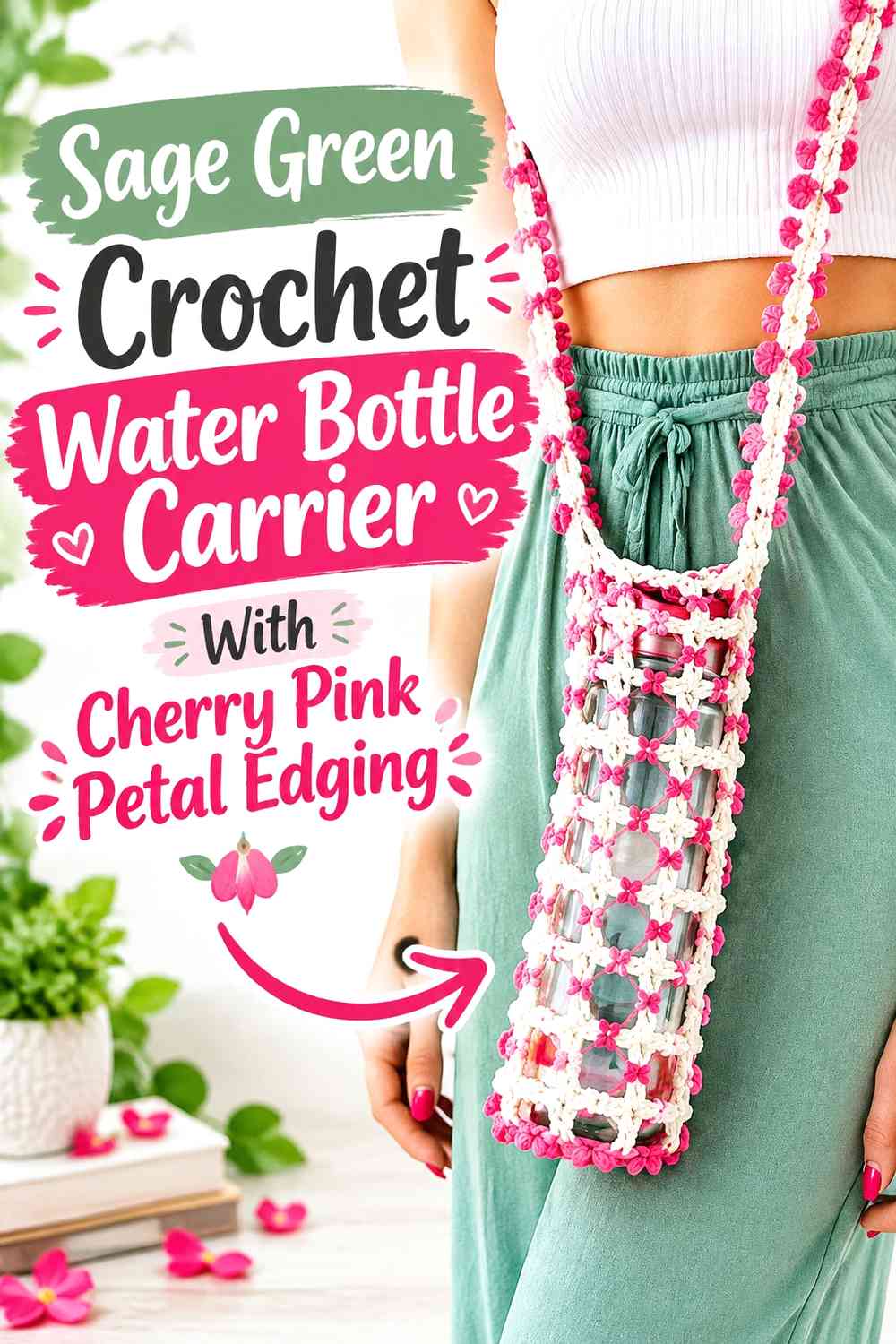 Sage Green Crochet Water Bottle Carrier With Cherry Pink Petal Edging