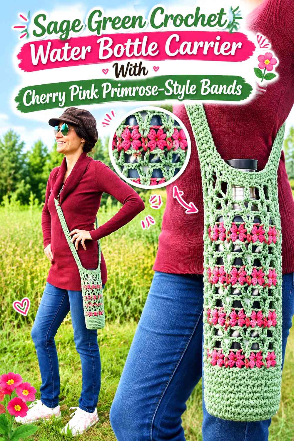 Sage Green Crochet Water Bottle Carrier With Cherry Pink Primrose-Style Bands