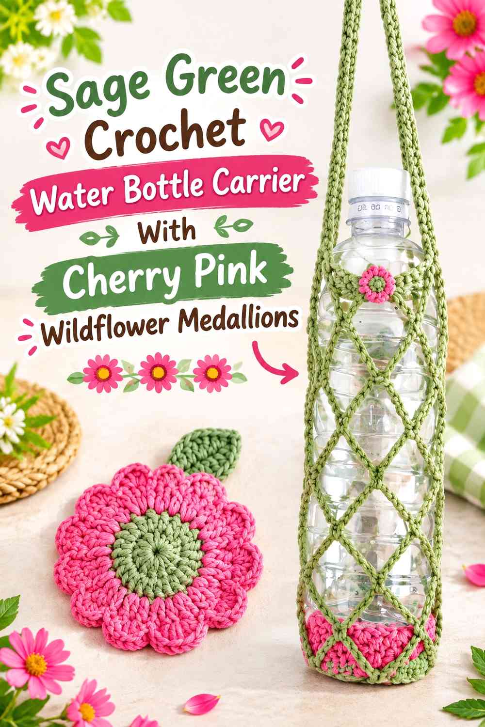 Sage Green Crochet Water Bottle Carrier With Cherry Pink Wildflower Medallions