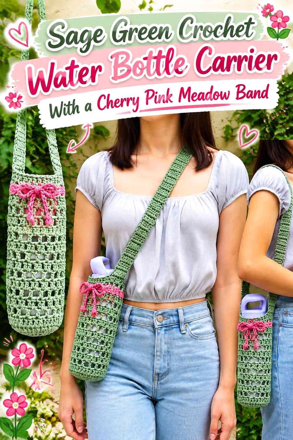 Sage Green Crochet Water Bottle Carrier With a Cherry Pink Meadow Band