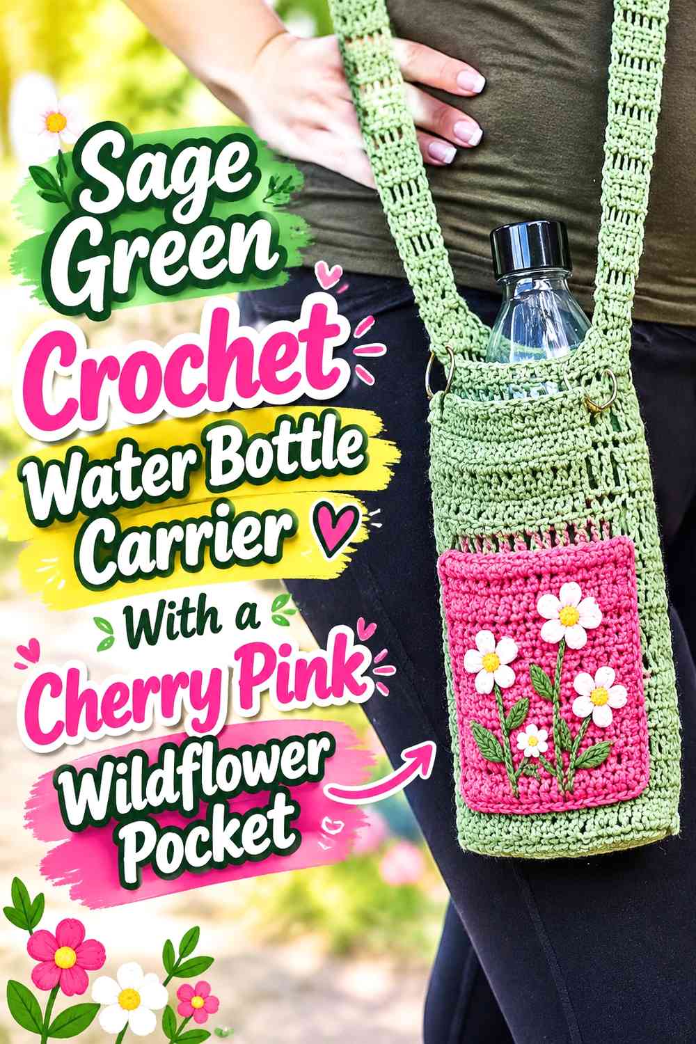 Sage Green Crochet Water Bottle Carrier With a Cherry Pink Wildflower Pocket