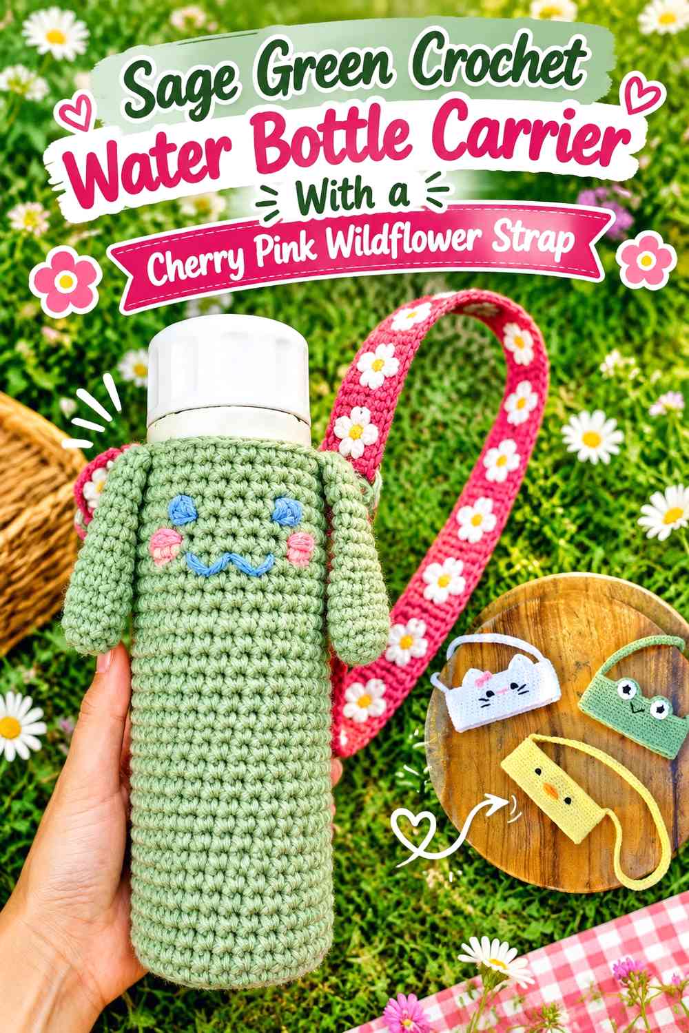 Sage Green Crochet Water Bottle Carrier With a Cherry Pink Wildflower Strap