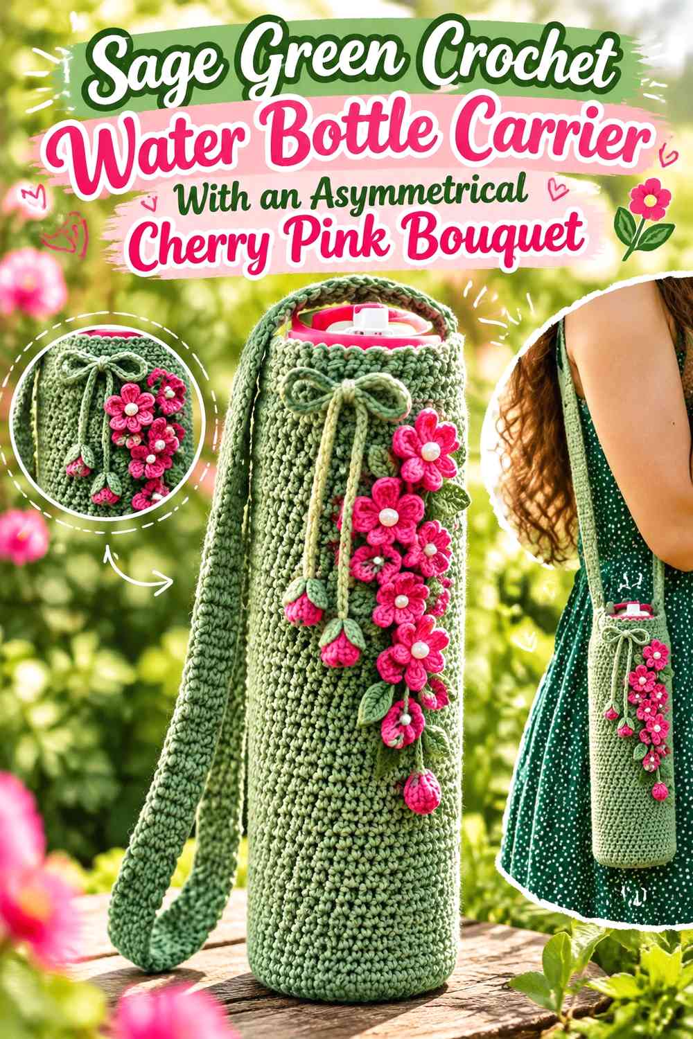 Sage Green Crochet Water Bottle Carrier With an Asymmetrical Cherry Pink Bouquet