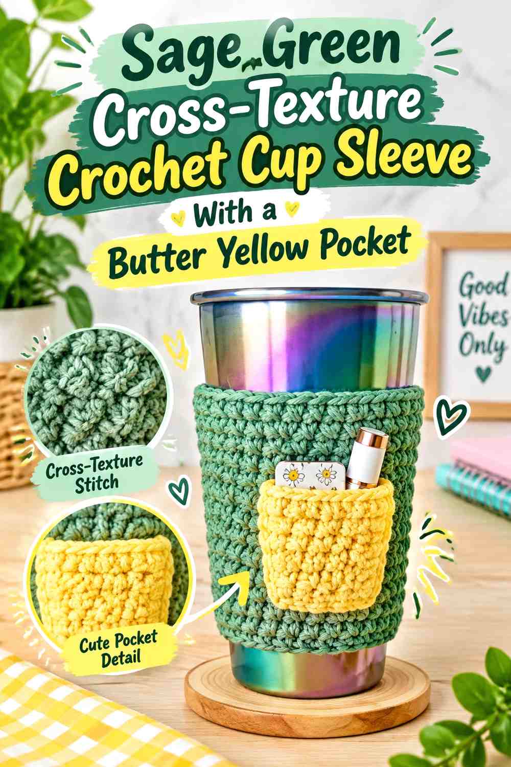 Sage Green Cross-Texture Crochet Cup Sleeve With a Butter Yellow Pocket