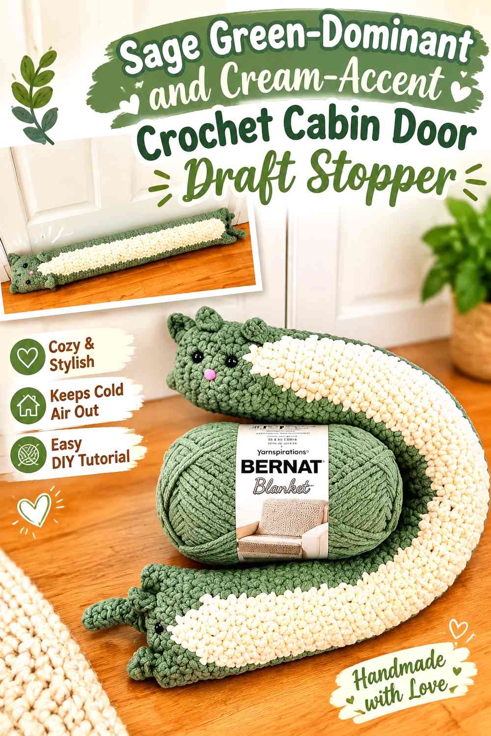 Sage Green-Dominant and Cream-Accent Crochet Cabin Door Draft Stopper