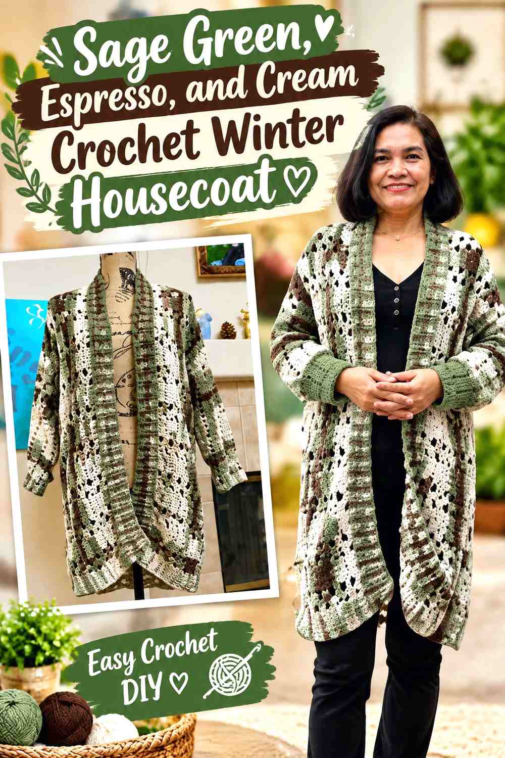 Sage Green, Espresso, and Cream Crochet Winter Housecoat