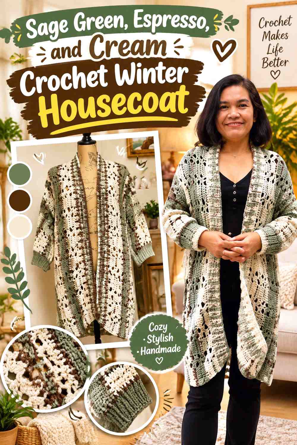 Sage Green, Espresso, and Cream Crochet Winter Housecoat