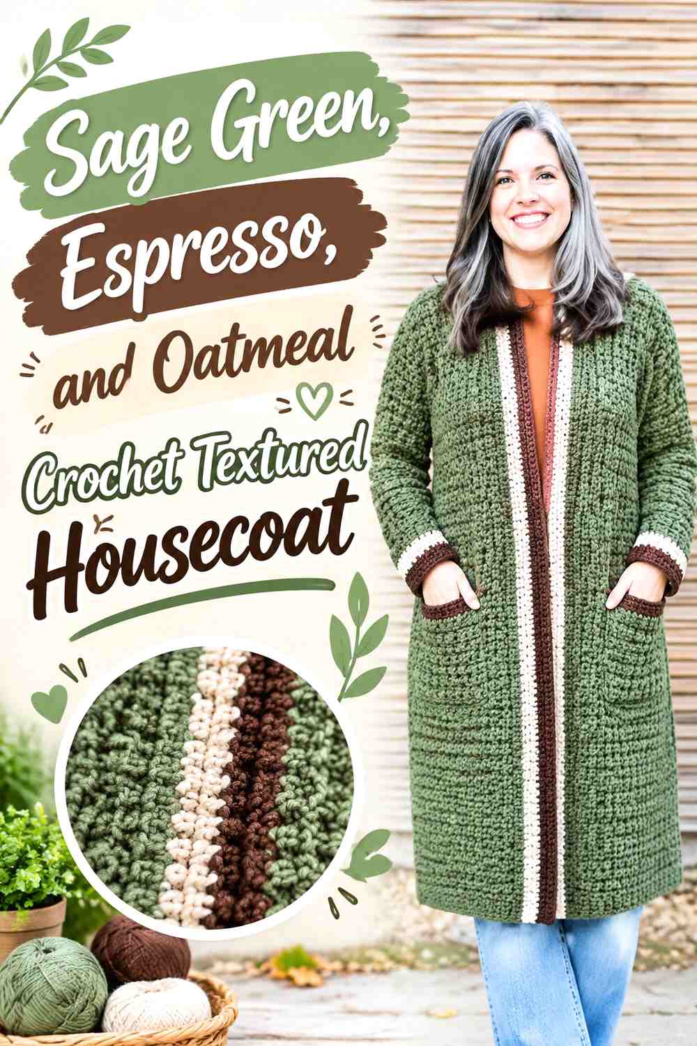 Sage Green, Espresso, and Oatmeal Crochet Textured Housecoat