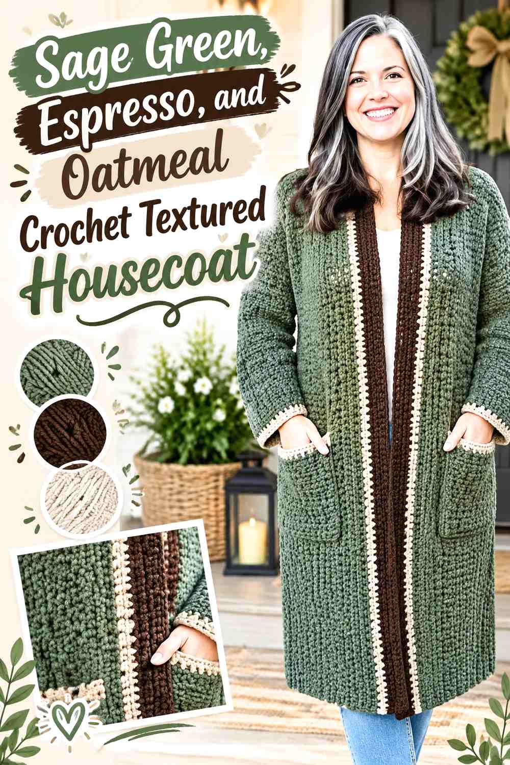 Sage Green, Espresso, and Oatmeal Crochet Textured Housecoat