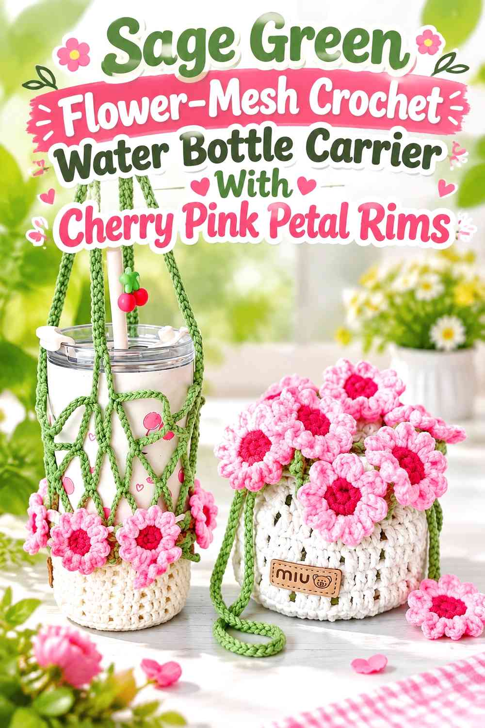 Sage Green Flower-Mesh Crochet Water Bottle Carrier With Cherry Pink Petal Rims
