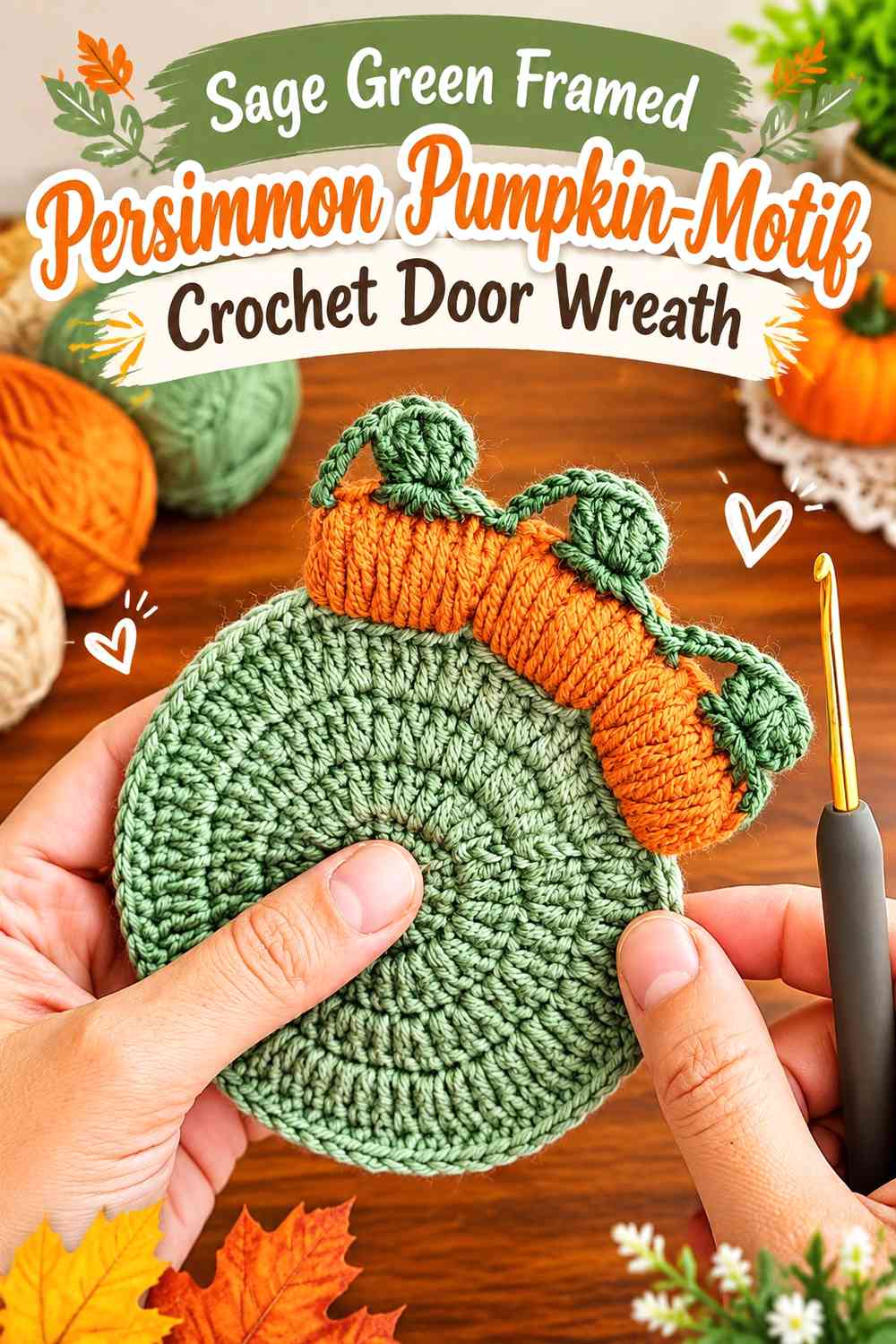 Sage Green Framed Persimmon Pumpkin-Motif Crochet Door Wreath
