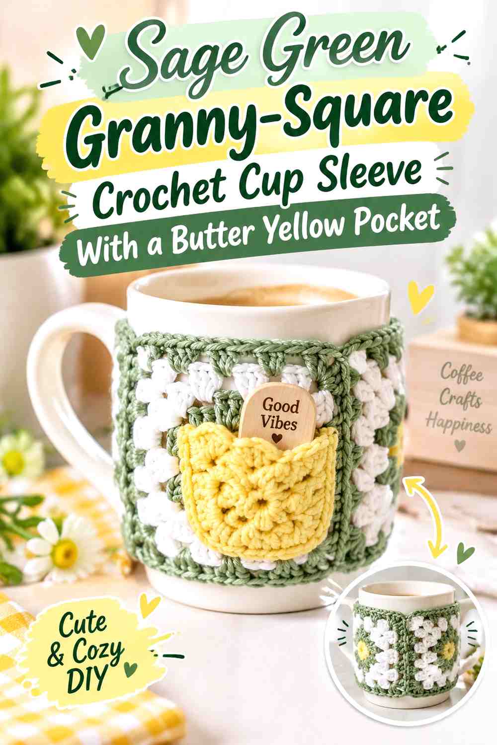 Sage Green Granny-Square Crochet Cup Sleeve With a Butter Yellow Pocket