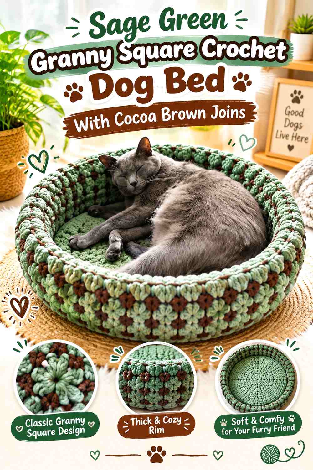 Sage Green Granny Square Crochet Dog Bed With Cocoa Brown Joins