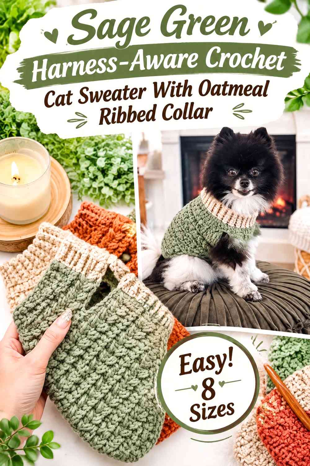 Sage Green Harness-Aware Crochet Cat Sweater With Oatmeal Ribbed Collar
