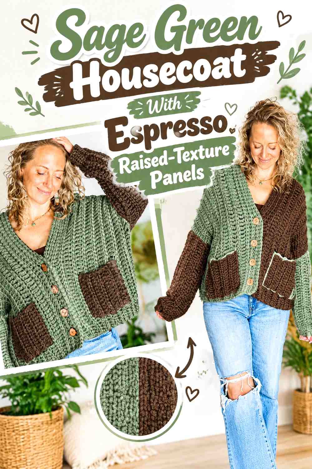 Sage Green Housecoat With Espresso Raised-Texture Panels