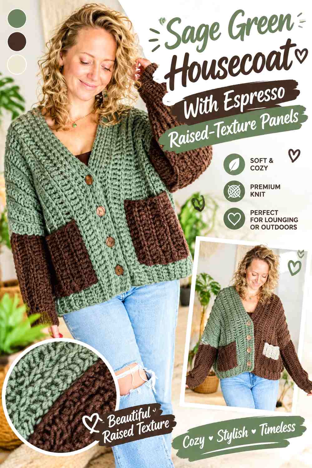 Sage Green Housecoat With Espresso Raised-Texture Panels