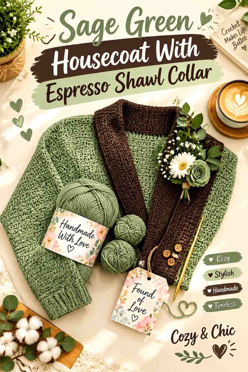 Sage Green Housecoat With Espresso Shawl Collar