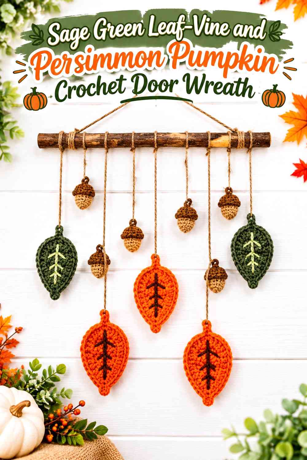 Sage Green Leaf-Vine and Persimmon Pumpkin Crochet Door Wreath