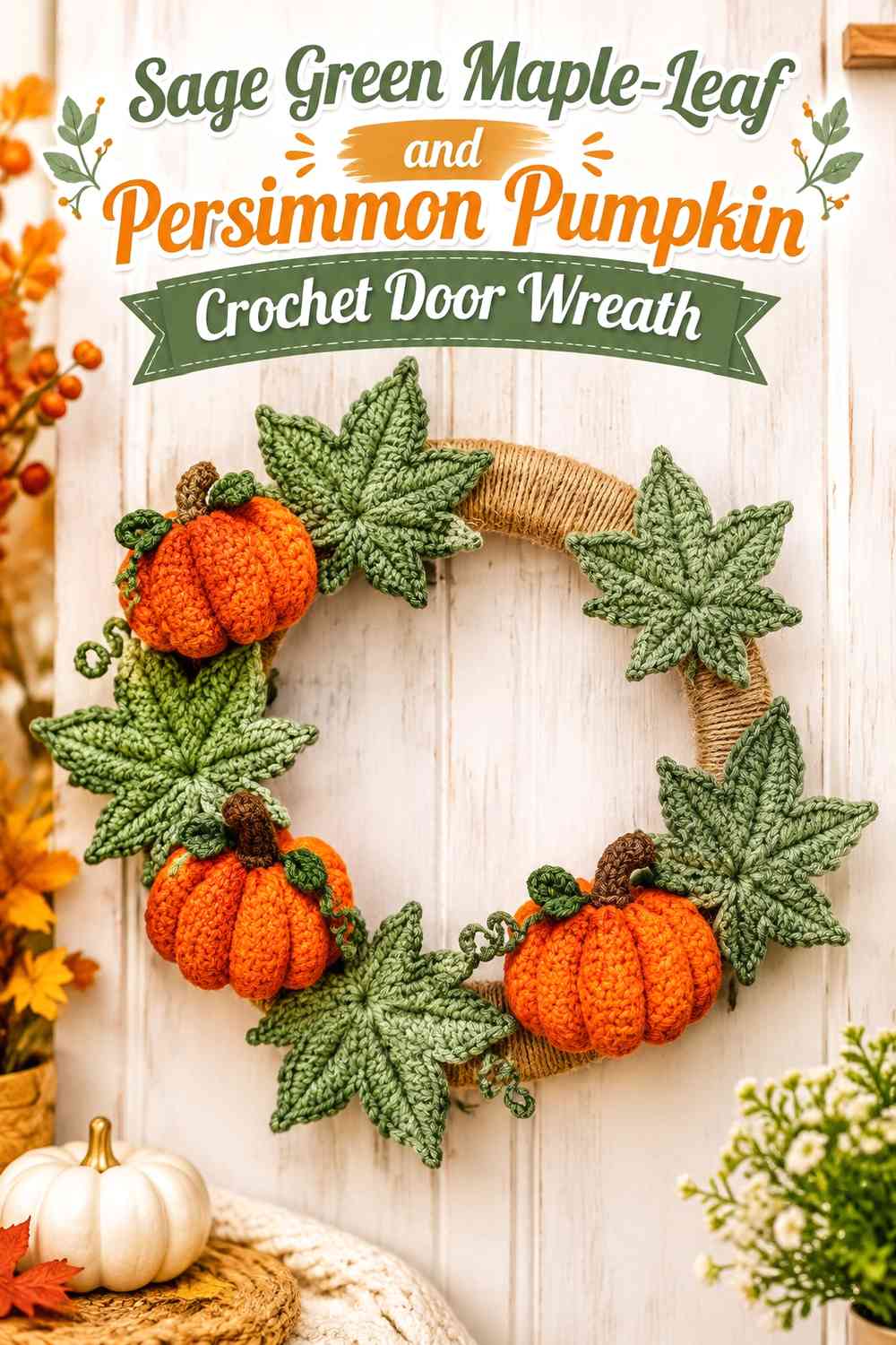 Sage Green Maple-Leaf and Persimmon Pumpkin Crochet Door Wreath