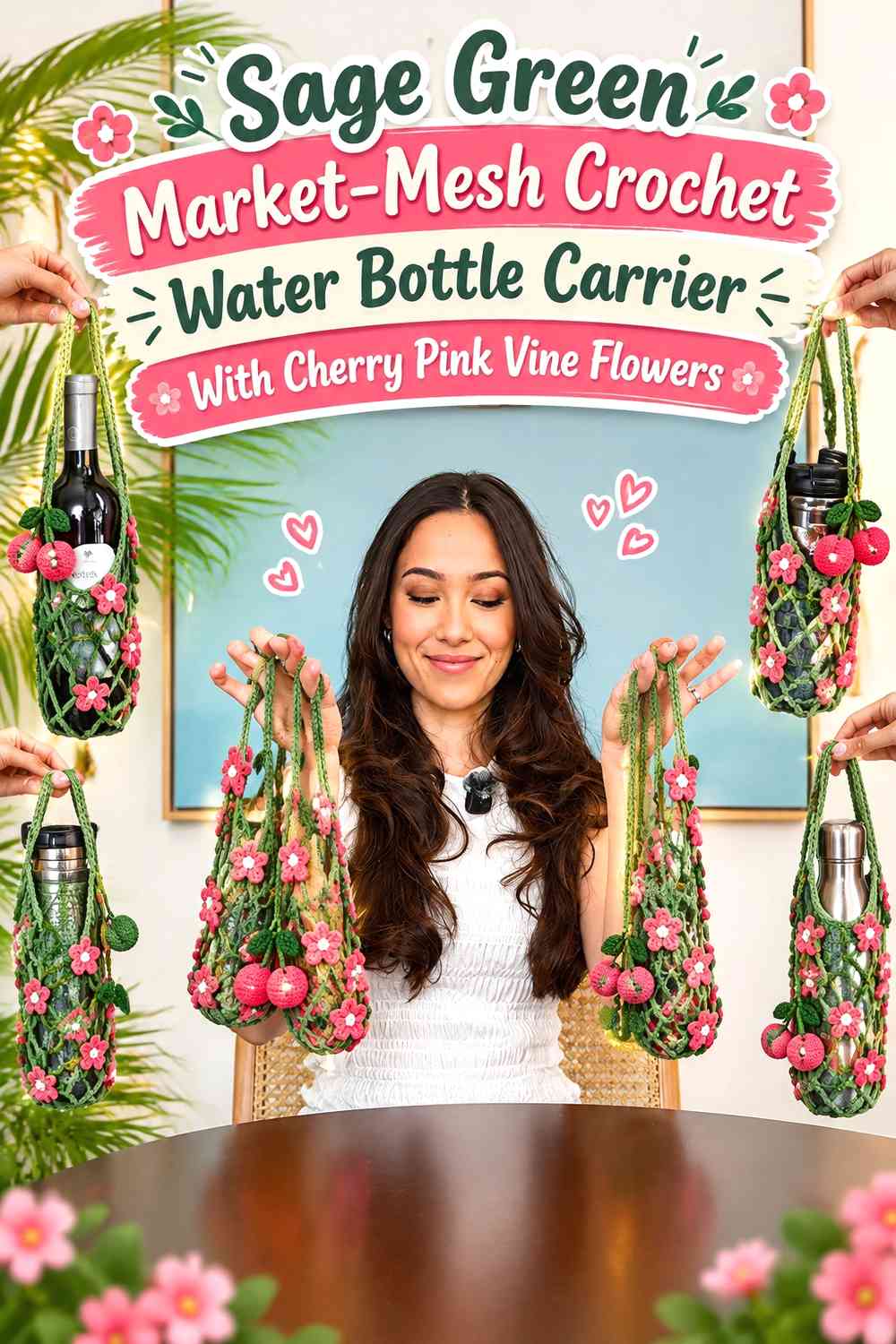 Sage Green Market-Mesh Crochet Water Bottle Carrier With Cherry Pink Vine Flowers