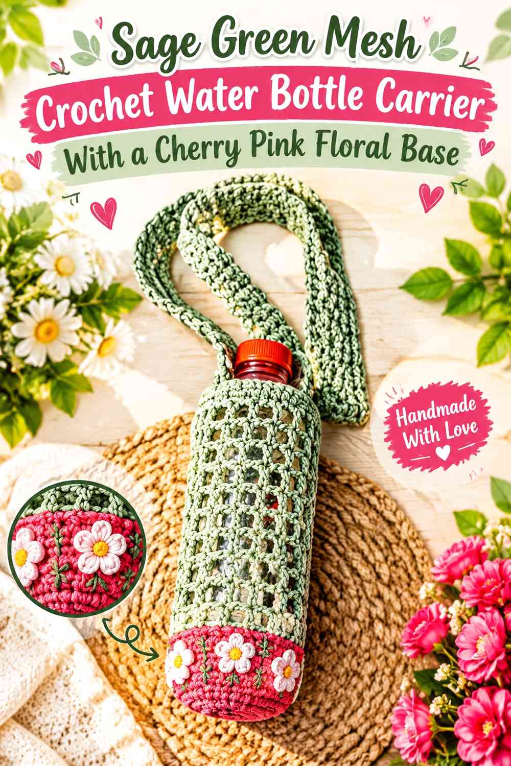 Sage Green Mesh Crochet Water Bottle Carrier With a Cherry Pink Floral Base
