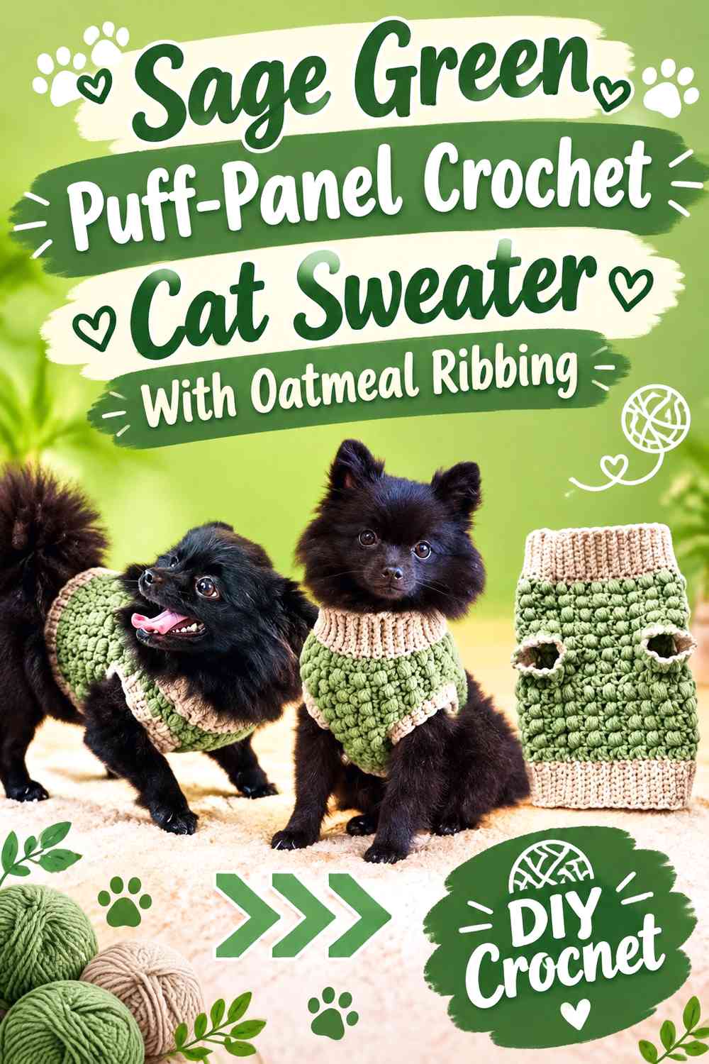 Sage Green Puff-Panel Crochet Cat Sweater With Oatmeal Ribbing