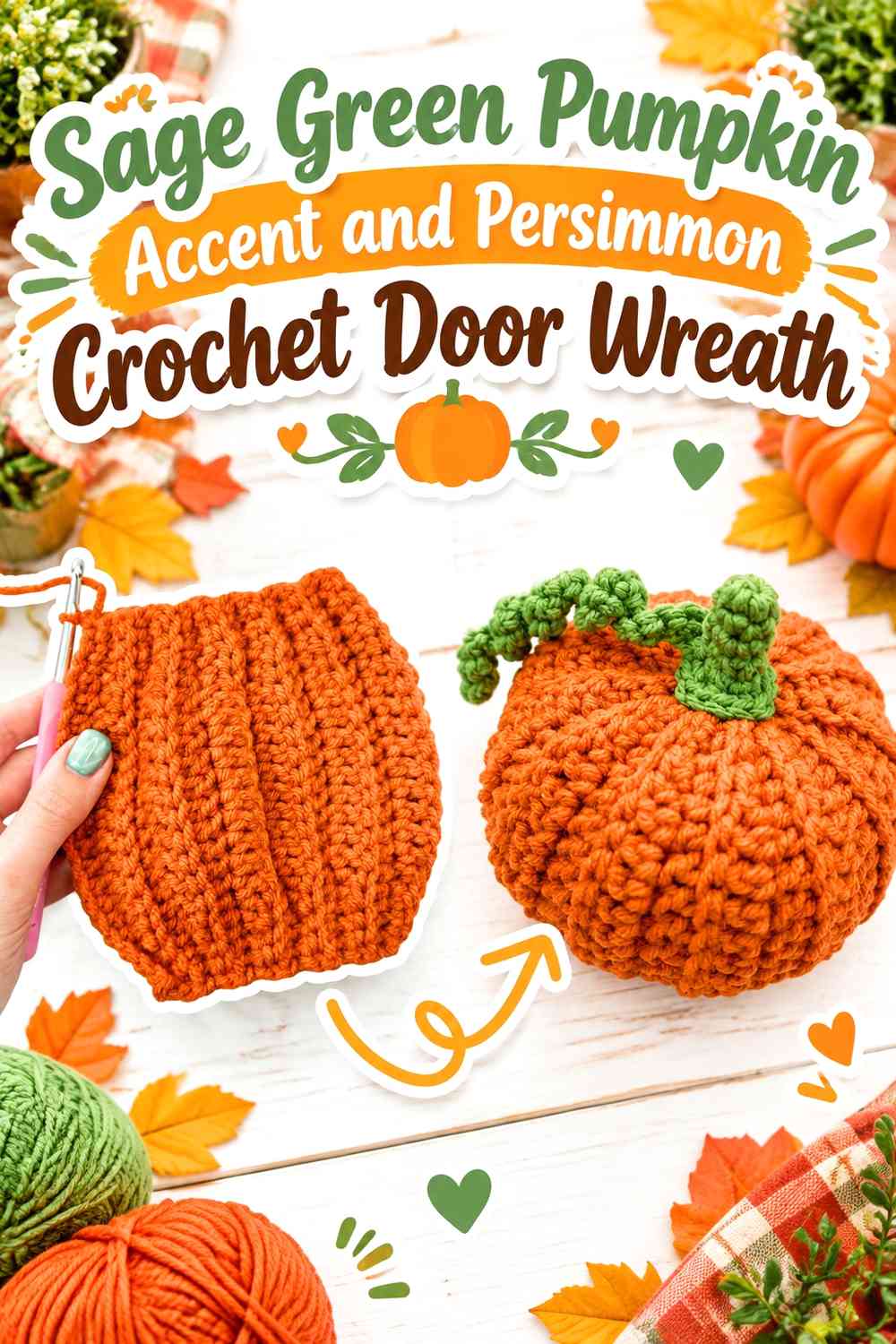 Sage Green Pumpkin Accent and Persimmon Crochet Door Wreath