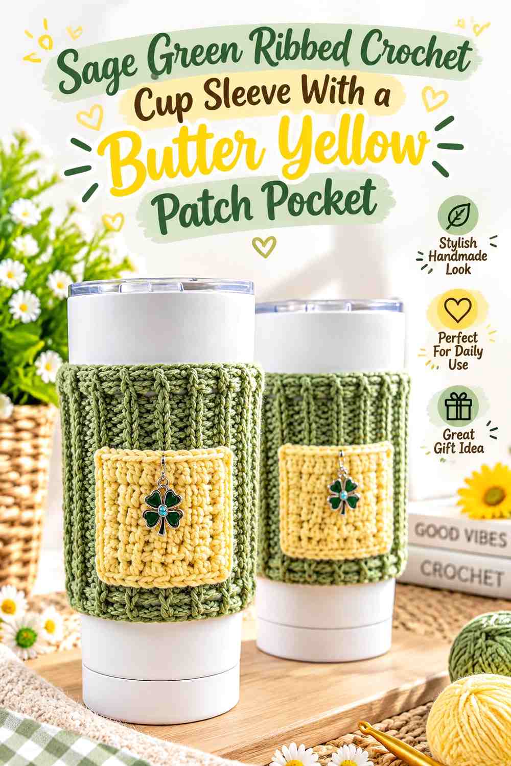 Sage Green Ribbed Crochet Cup Sleeve With a Butter Yellow Patch Pocket