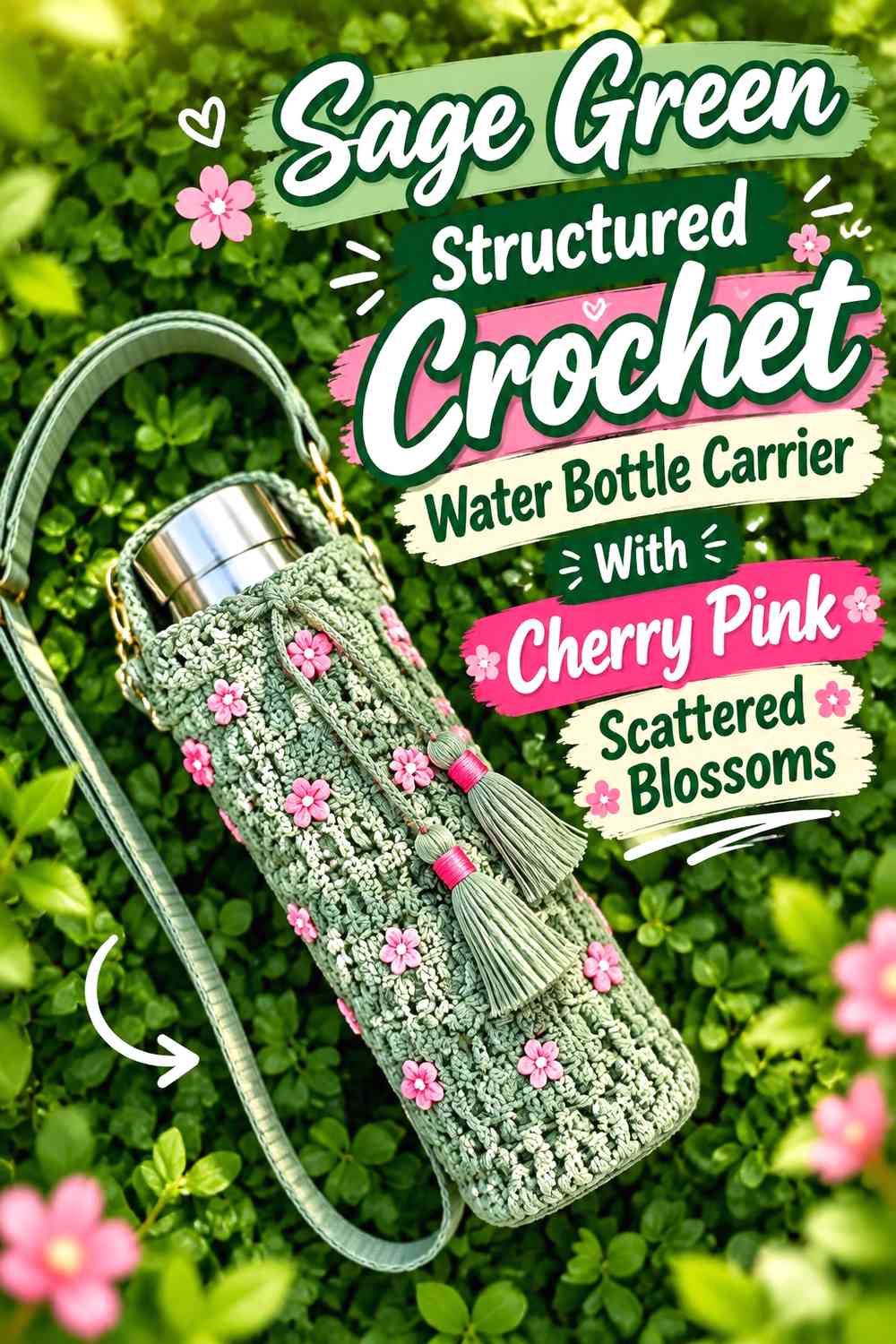 Sage Green Structured Crochet Water Bottle Carrier With Cherry Pink Scattered Blossoms