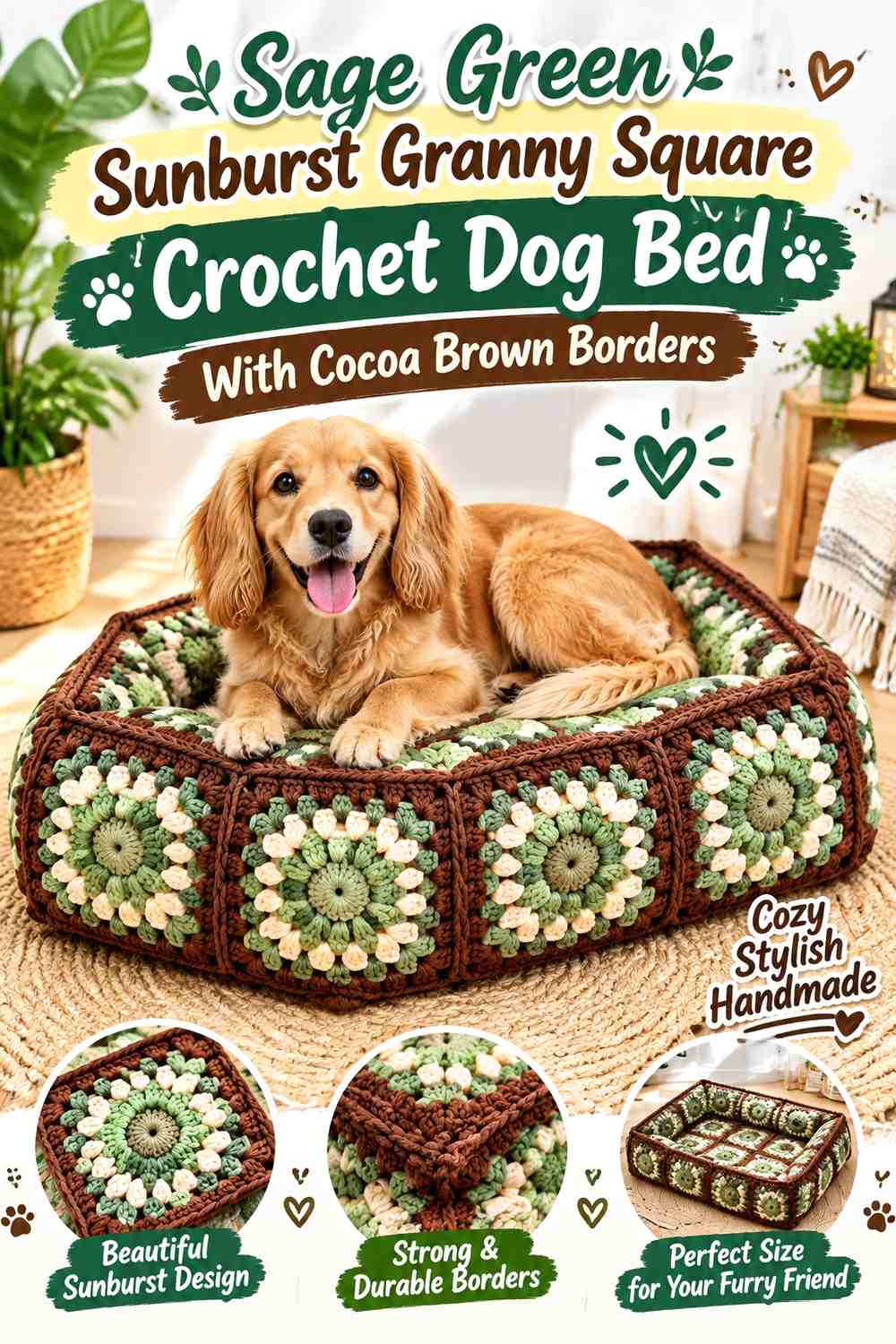 Sage Green Sunburst Granny Square Crochet Dog Bed With Cocoa Brown Borders