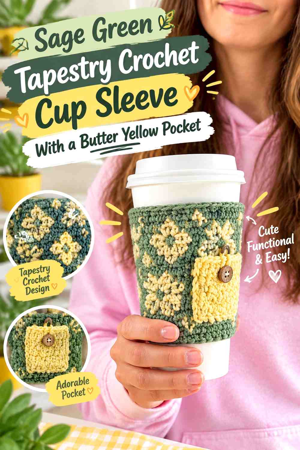 Sage Green Tapestry Crochet Cup Sleeve With a Butter Yellow Pocket